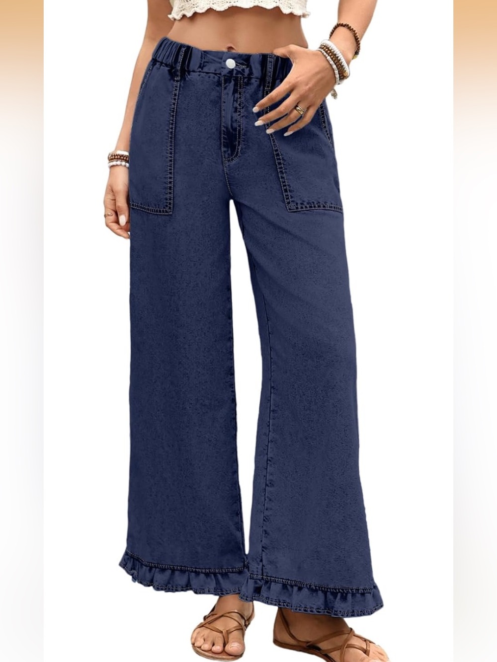 Wide-Leg Ruffle Hem Jeans